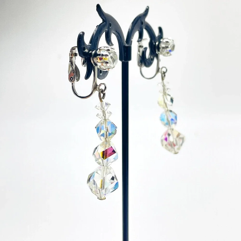 Vintage Dangle Earrings AB Aurora Borealis Clip On Silver Tone Faceted Beads